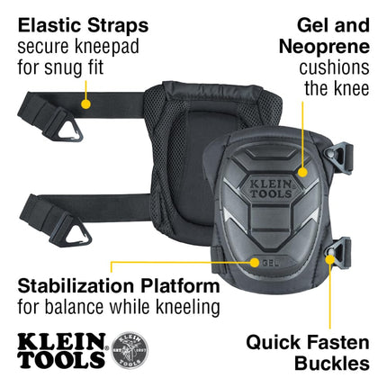 Klein Tools 60895 Knee Pads for Men and Women, Heavy Duty Semi-Round Stabilizer Gel Knee Pads with Adjustable Elastic Straps, for Construction, Flooring, Gardening, Black