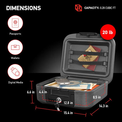 SentrySafe Fireproof and Waterproof Safe Box with Key Lock, Fire and Water Chest Safe for Valuables, 0.28 Cubic Feet, 6.6 x 15.4 x 14.3 Inches, CHW20221