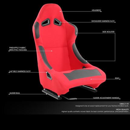 DNA MOTORING Asientos de competición universales de respaldo fijo con deslizadores de montaje inferior, 21.5" An. X 22" Pr. X 36" Al., Rojo/Negro, RS-JBR-008-RD