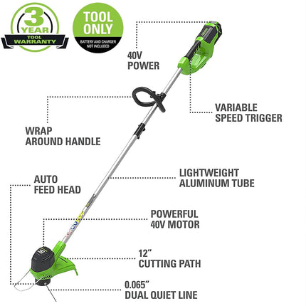 Greenworks 12-Inch 40V Cordless String Trimmer, Battery Not Included BST4000