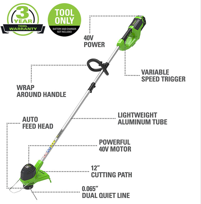 Greenworks 12-Inch 40V Cordless String Trimmer, Battery Not Included BST4000