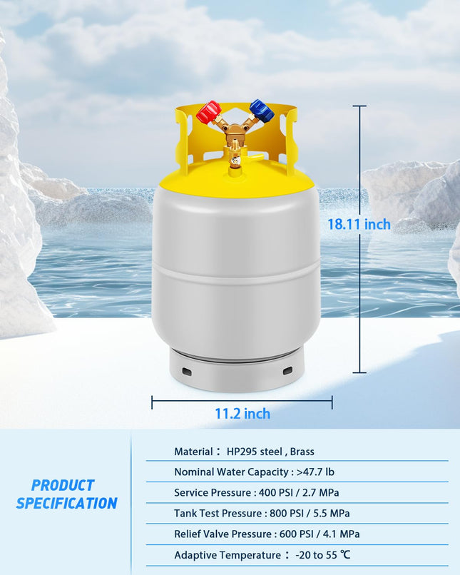 FAHKNS Recovery Tank, Reusable Cylinder Can 50 lb Double Valve HVAC Tank 1/4 SAE Y Valve Liquid/Vapor Reclaim Tank Gray Yellow Large Capacity Without Float Switch (Upgraded)