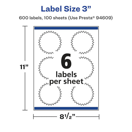 Avery Glossy White Starburst Labels with Sure Feed, 3", 600 Glossy White Labels, Print-to-The-Edge, Permanent Label Adhesive, Laser/Inkjet Printable Labels