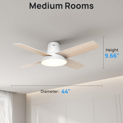 Dreo Ceiling Fans with Lights, 12 Speeds & 3 Fan Modes, Quiet DC Motor, Low Profile Easy to Install, Flush Mount Smart Ceiling Fan with Dimmable LED, 12H Timer for Bedroom, Remote, White, 44''