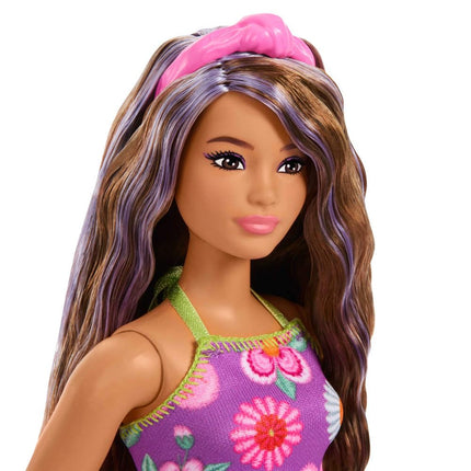 Barbie Fashionistas Doll #244 with Purple-Streaked Brown Hair, Purple Floral Halter Top and Matching Skirt with Accessories like Headband and Sandals, JJN57