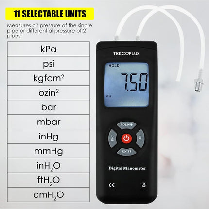 Portable Handheld Digital Manometer HVAC Air Vacuum/Gas Differential Pressure Gauge Meter Tester 11 Units with Backlight, 13.78kPa 2PSI, 1-2 Pipes Ventilation Air Condition System Measurement