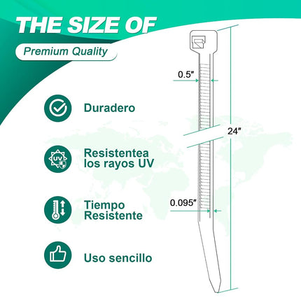 Long Green Zip Ties Heavy Duty 24 inch，500 LBS Tensile Strength With Double Sided Toothed Super Durable Cable Ties ，Extra Large Wire Ties Adjustable Nylon Tie Wraps for Indoor Outdoor （100 Pack Green）