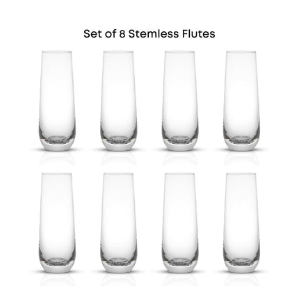 JoyJolt Milo Stemless Champagne Flutes Set of 8 Crystal Glasses. 9.4oz Champagne Glasses. Prosecco Wine Flute, Mimosa Glasses Set, Cocktail Glass Set, Water Glasses, Highball Glass, Bar Glassware