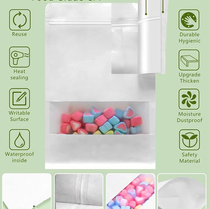 SumDirect 100Pcs White Kraft Stand Up Bags,Self-Sealing Zipper Food Pouches with U-Notch and Matte Window (100, 7x10inches)
