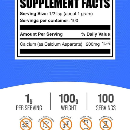 BulkSupplements.com Calcium Aspartate Powder - Calcium Supplement - Calcium 1000mg Supplement - Vegan Calcium Supplements - Calcium Powder (100 Grams - 3.5 oz)