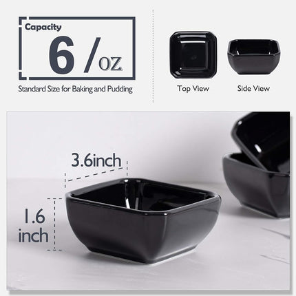 Delling Square Porcelain Ramekins - Oven Safe, Set of 6 Black, Perfect for Creme Brulee & Souffle