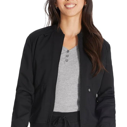 Dickies Women Scrub Jacket Zip Front Warm-Up Rib Knit Collar with 2 Welt Pocket DK365, Black, Medium