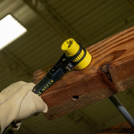KLEIN TOOLS KT155T 6-in-1 Lineman's Ratcheting Wrench with Bolt Through Design and Bright Yellow Socket