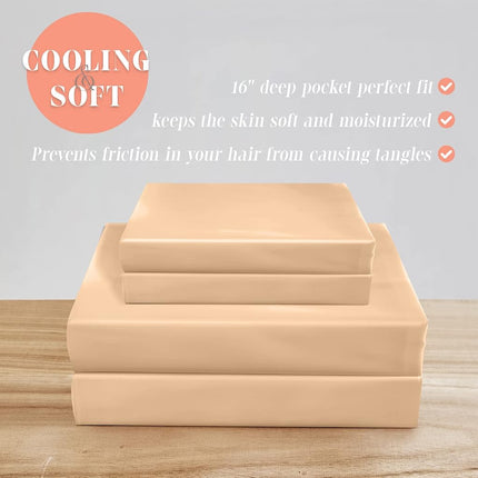 Elegant Comfort Luxurious 4-Piece Silky Satin Sheet Set, Skin and Hair Friendly, Wrinkle, Fade, Stain Resistant with Deep Pockets Fitted Sheet, Cooling Soft Satin Sheet Set, Queen, Champaign