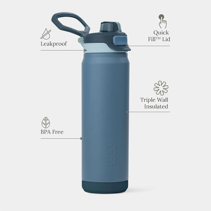 ZULU Powerfill Pro 32oz Stainless Steel Water Bottle with Quick Fill Lid, Triple Walled Vacuum Insulated Metal, Leak Proof Locking Lid, Sip and Chug, Reusable BPA Free, High Tide