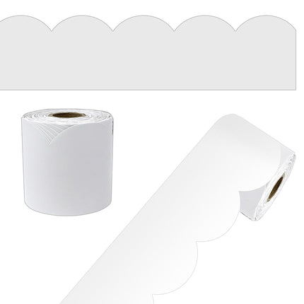 Carson Dellosa 65Ft of White Bulletin Board Borders, 1 Roll of Scalloped Trim for Rolling Whiteboard, Cork and Posterboard, Party, Office Decorations, and Classroom Decor