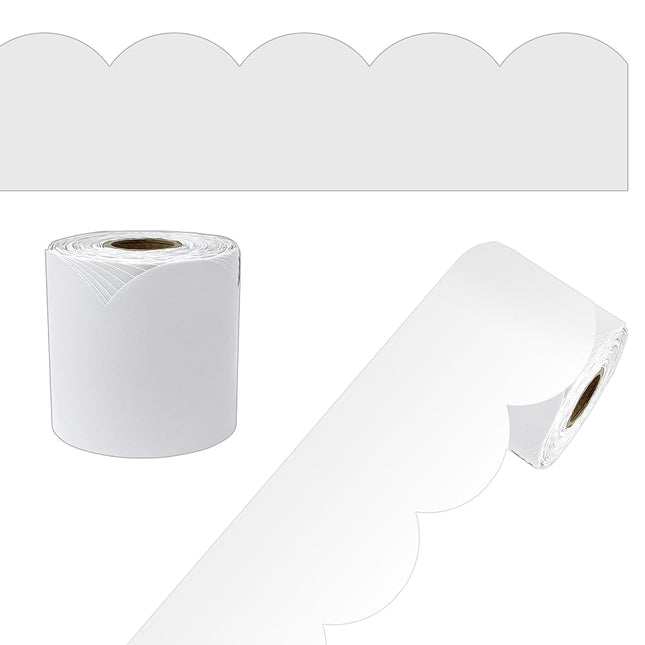 Carson Dellosa 65Ft of White Bulletin Board Borders, 1 Roll of Scalloped Trim for Rolling Whiteboard, Cork and Posterboard, Party, Office Decorations, and Classroom Decor