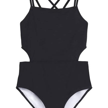 Kanu Surf Traje de baño de una pieza con aberturas deportivas de playa para niñas, negro sólido, 12