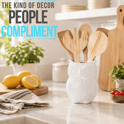 Owl Utensil Holder by Comfify - Decorative Ceramic Cookware Crock & Organiser, in Lovely White Colour - Utensil Caddy and Perfect Kitchen Ceramic Decor Gift - 5" x 7" x 4" Size