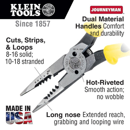 Klein Tools J206-8C Long Nose All-Purpose Spring Loaded Pliers, Forged Steel with Dual Material Journeyman Handles