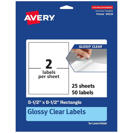 Etiquetas rectangulares transparentes Avery de alto brillo, 5.5" x 8.5", 50 etiquetas transparentes brillantes, imprimibles con láser/inyección de tinta