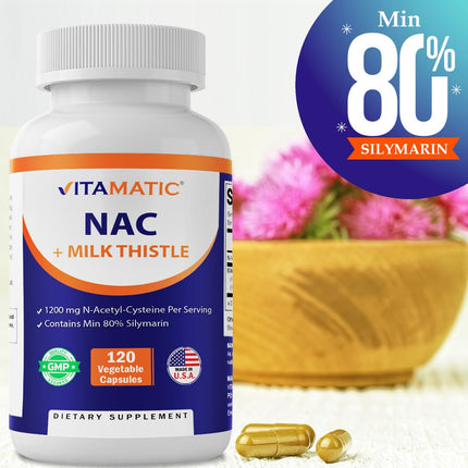 Vitamatic NAC Supplement N-Acetyl-L-Cysteine (NAC) with Milk Thistle 50:1 Extract - Supports Immune, Respiratory, Liver Health, 1200 mg per Serving, 120 Veg Capsules…