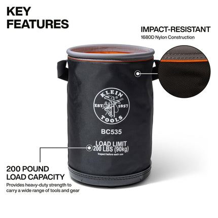 Klein Tools BC535 Straight Bucket, 17-Inch Utility Bucket, 200-Pound Load, 1680D Nylon, Drain Holes, Reinforced Straps, Hi-Vis Orange Interior