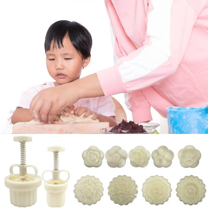 FineGood 2 Set Mooncake Mould Press with 11 Stamps, DIY Cookie Cutter 50g & 100g Flower Press Mooncake Mould Hand Pressure Baking Tools