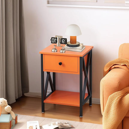 VECELO Nightstands Set of 2, Modern Bedside End Tables, Night Stands with Drawer and Storage Shelf for Living Room Bedroom, Industrial Metal Frame, Orange