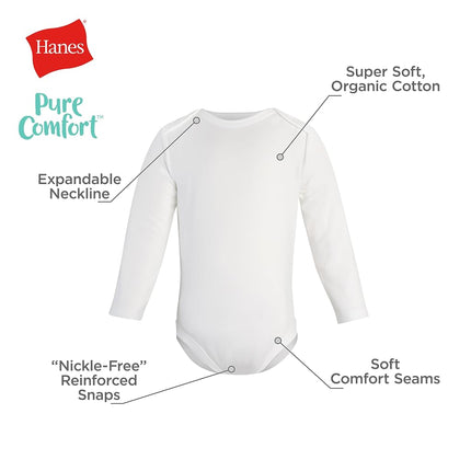 Hanes Baby Pure Comfort Long Sleeve Bodysuits (3 Pack), White 002, 24 Months
