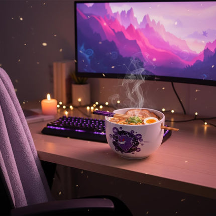 Silver Buffalo Pokémon Gengar Pokeball Tazón de cerámica para fideos ramen/arroz con palillos, apto para microondas, 20 onzas
