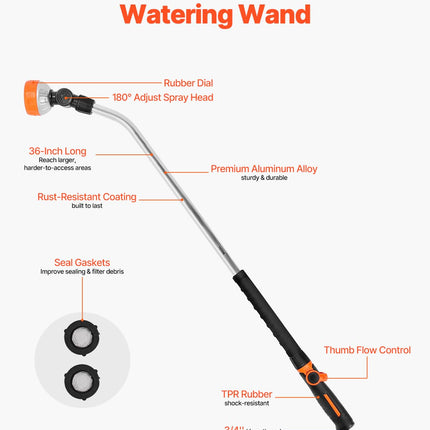 VEVOR Watering Wand, 36-Inch Extra Long Heavy Duty Garden Hose Wand with 8 Spray Patterns & 180° Swivel Head, Long Hose Nozzle Sprayer with on/off Thumb Control, Ideal for Hanging Baskets