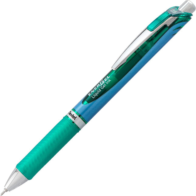 Stylo roller encre gel rétractable Pentel EnerGel RTX, (0,5 mm), pointe aiguille, fine, vert, paquet de 2 (BLN75BP2D)