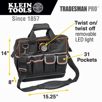 Tool Bag with Padded Shoulder Strap and Handles Has Lighted Tool Storage with 31 Pockets Klein Tools 55431
