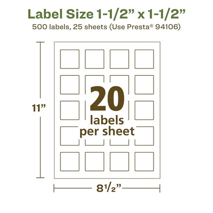 Avery EcoFriendly Matte White Recycled Square Labels, 1.5" x 1.5", Print-to-The-Edge, Matte White Labels, Permanent Adhesive, Laser/Inkjet Printable, 500 Total