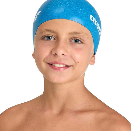 Arena Junior Recycled Silicone Unisex Swim Cap for Girls and Boys Comfortable Durable Kids’ Pool Bathing Cap, One Size, Blue Multi