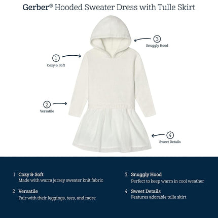 Gerber Baby and Toddler Girls Sweater Dress with Tulle Skirt, White, 12 Months