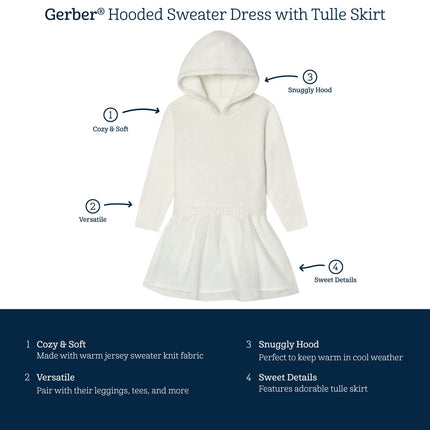 Vestido de suéter Gerber para bebé y niña pequeña con falda de tul, blanco, 2T