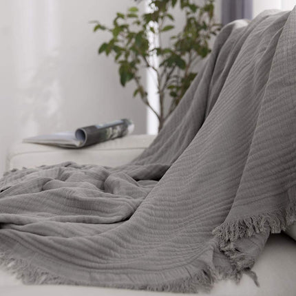 Manta de muselina de algodón sencilla y opulenta para cama y sofá, manta de gasa tejida con borlas, suave, ligera, acogedora, prelavada, transpirable, decoración de casa de campo (gris)
