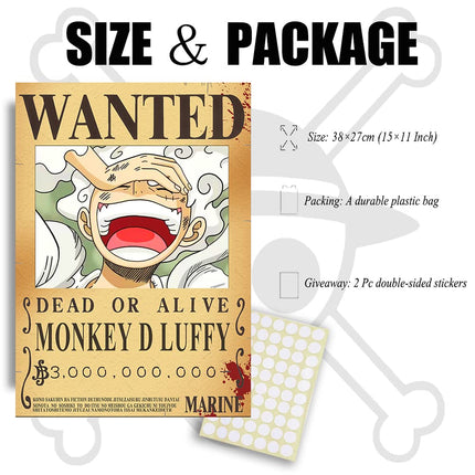 TYZZHOA 11 PCS Anime One Piece Wanted Bounty Posters 11×15 IN, Nika Luffy 3 billion Updated Bounty Edition, 10 Straw Hat Pirates Crew Zoro, Sanji, 1 PC One Piece Flag