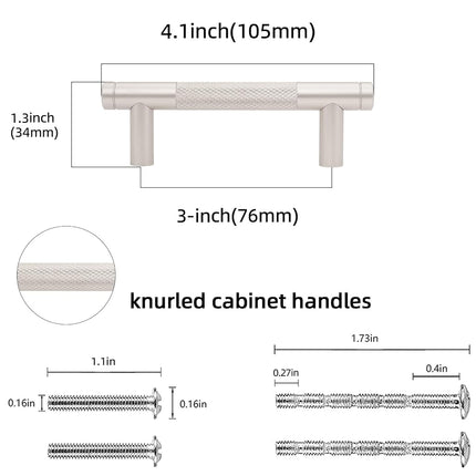 POVEFONK 10 Pack 3 inch(76mm) Brushed Satin Nickel Kitchen Cabinet Handles Knurled Cabinet Pulls Drawer Pulls Kitchen Hardware