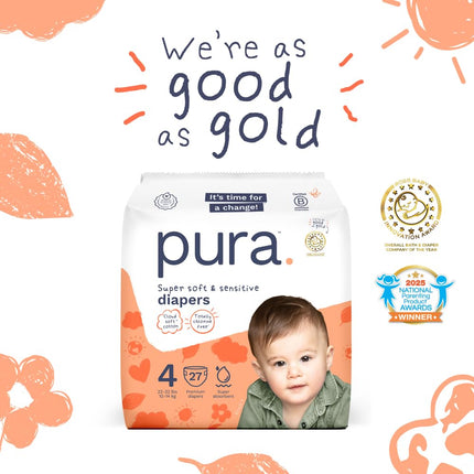 Pura Baby Diapers Size 4-108 Count, 22-32lbs, 12hr Leak Protection, Soft & Gentle Diapers for Hypoallergenic & Sensitive Baby Skin, Toxin-Free*, Organic Cotton, Blowout Blocker™, New Size Guide