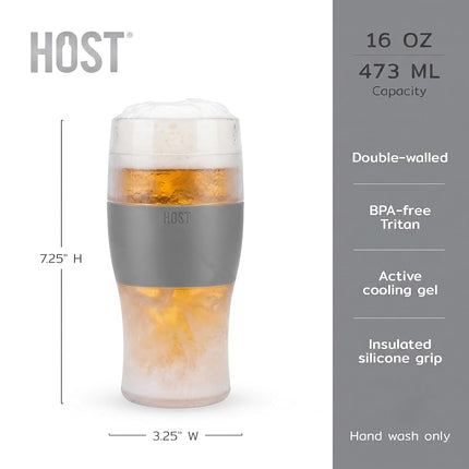 Host Freeze Beer Glasses, 16 ounce Freezer Gel Chiller Double Wall Plastic Frozen U.S. Pint (473ml / .83 UK Pint) Glass, Set of 2 - Grey (3309)