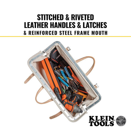 Klein Tools 5102-20 Heavy Duty Natural Canvas Tool Bag, Tool Tote, Multi-Purpose Bag with Wide Hinged Opening and Leather Handles, 20-Inch