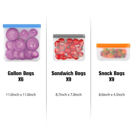 Lerine 24 Pack Dishwasher Safe Reusable Bags Silicone, Extra Thick Leakproof Reusable Freezer Bags, BPA Free Food Storage Bags for Lunch Meat Veggies (6 Gallon 9 Snack 9 Sandwich Bags)