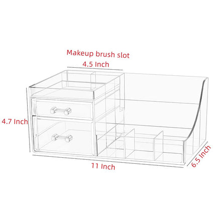 Cq acrylic Clear Makeup Organizer With 2 Drawers,Cosmetic Storage Display Case for Vanity, Bathroom Counter or Dresser,Countertop Holder for Lipstick, Brushes, Lotions, Eyeshadow, Nail Polish and Jewelry