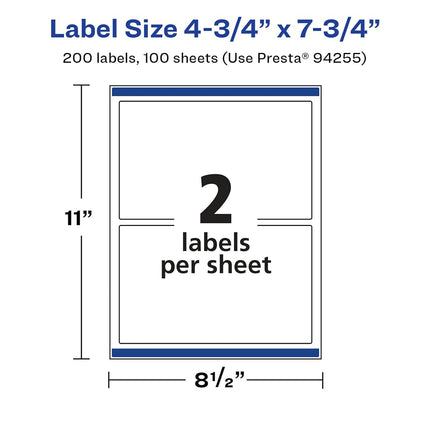 Avery Glossy White Rectangle Labels with Sure Feed, 4.75" x 7.75", 200 Glossy White Labels, Print-to-The-Edge, Permanent Label Adhesive, Laser/Inkjet Printable Labels