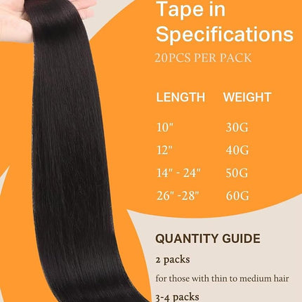 DOORES Human Hair Extensions Tape in Remy Natural Black 55cm 20pcs 50g Tape in Remy Hair Extensions Natural Hair Straight Skin Weft Seamless Straight