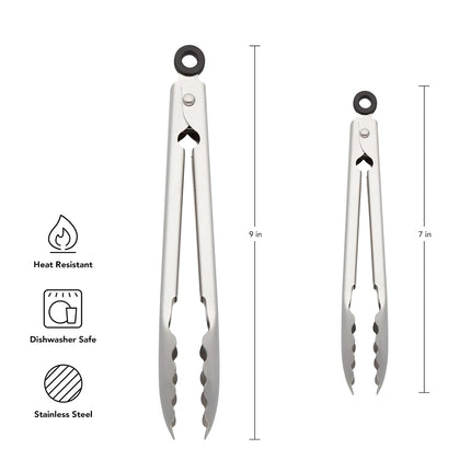 KitchenAid Set of 2 Stainless Steel Tongs with Scalloped Edges Easy Lock Dishwasher Safe Durable and Versatile 7 Inch and 9 Inch Silver