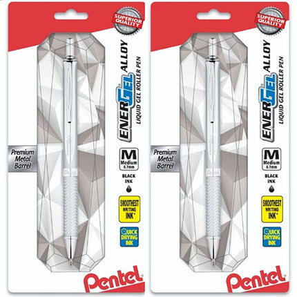 Pentel EnerGel Alloy Retractable Premium Liquid Gel Pen, (0.7mm) Silver Barrel, Black Ink, Pack of 2